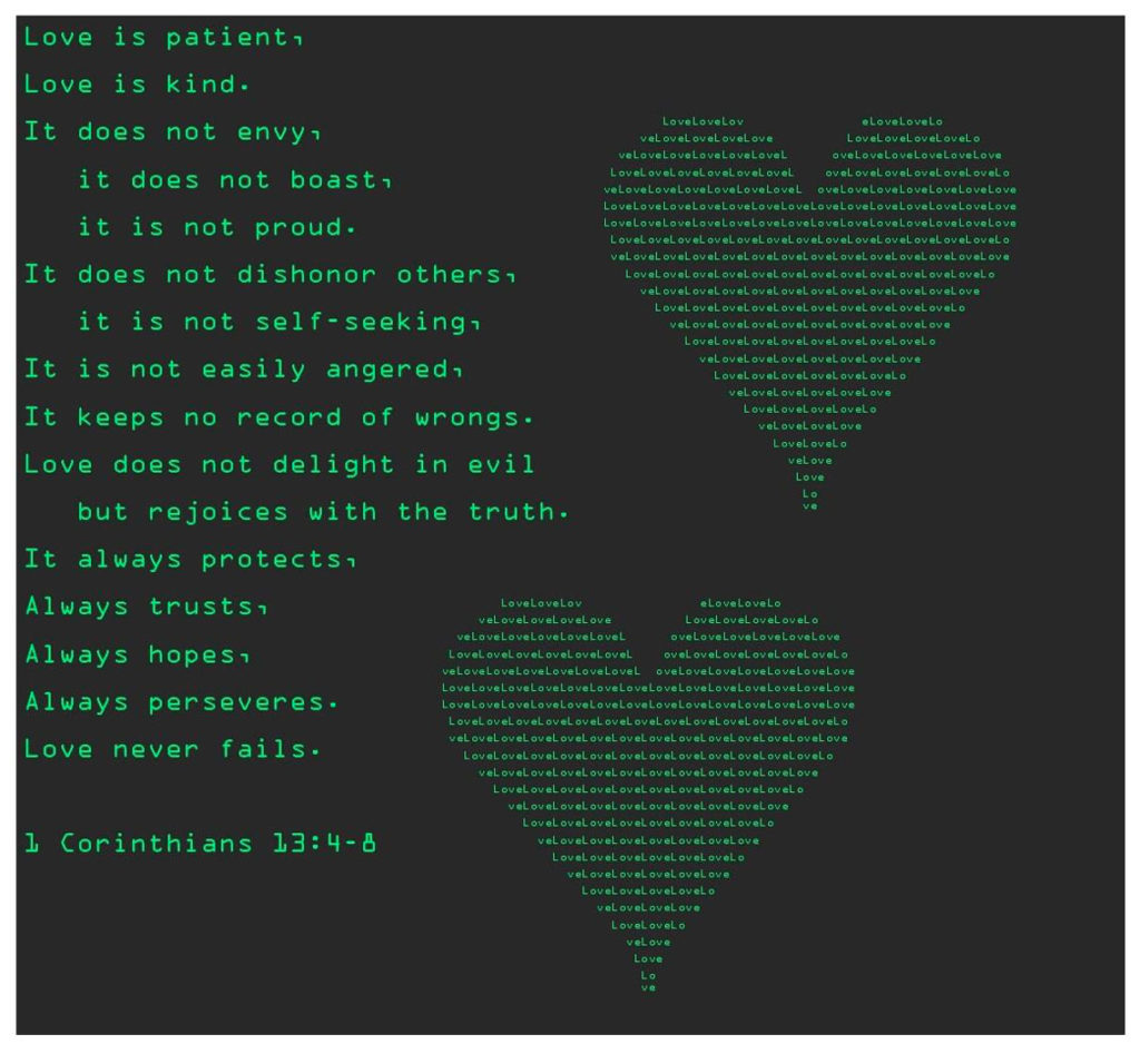 1 Cor 13:4-8 with ASCII hearts